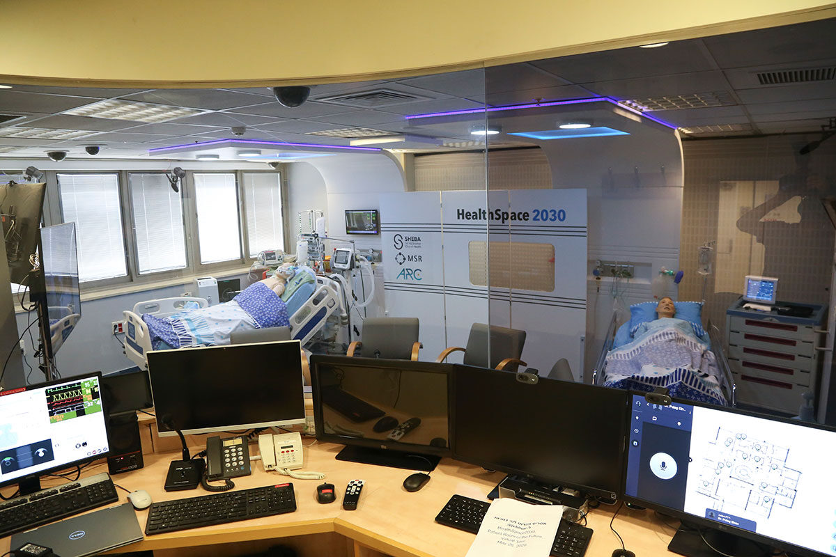 A view of Healthspace 2030, including multiple computer monitors and mannequin patients for testing